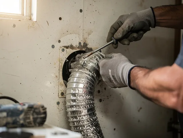 Winchester Dryer Vent Cleaning technician performing precise dryer vent hose installation in Winchester